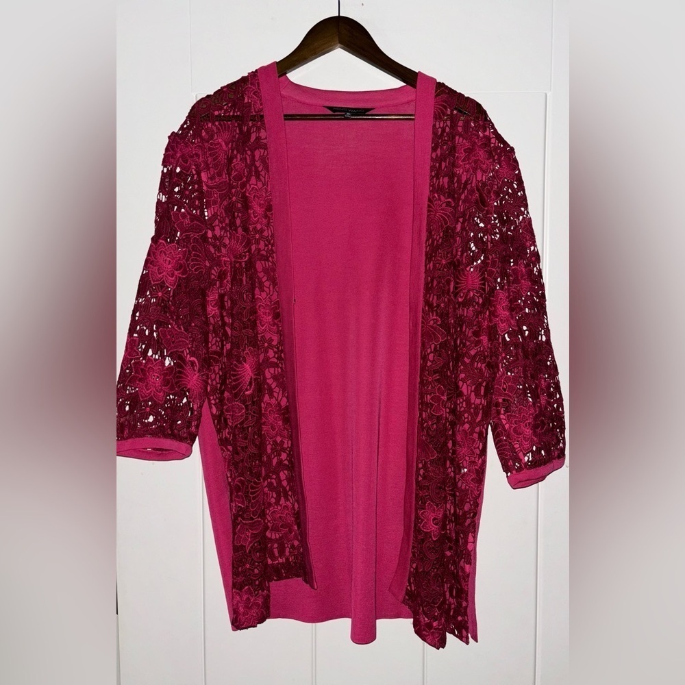 Ming Wang Women Heritage Fit Floral Lace‎ Hot Roselle Pink Jacket XL